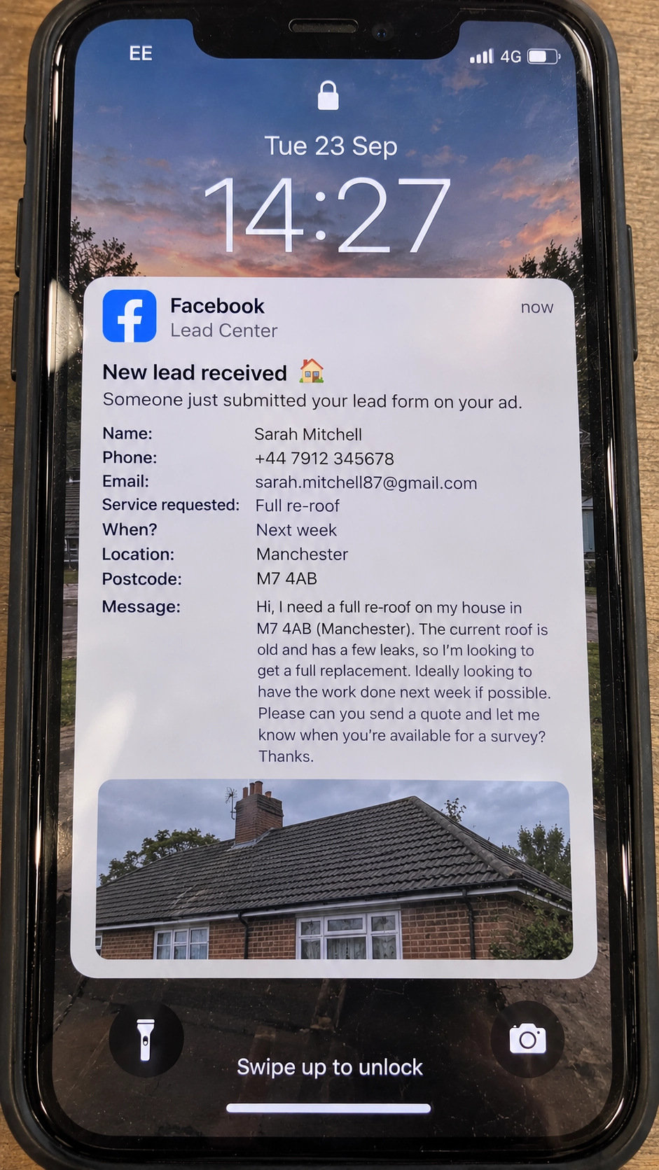 Facebook Lead Center notification showing a Manchester full re-roof enquiry with a roof photo