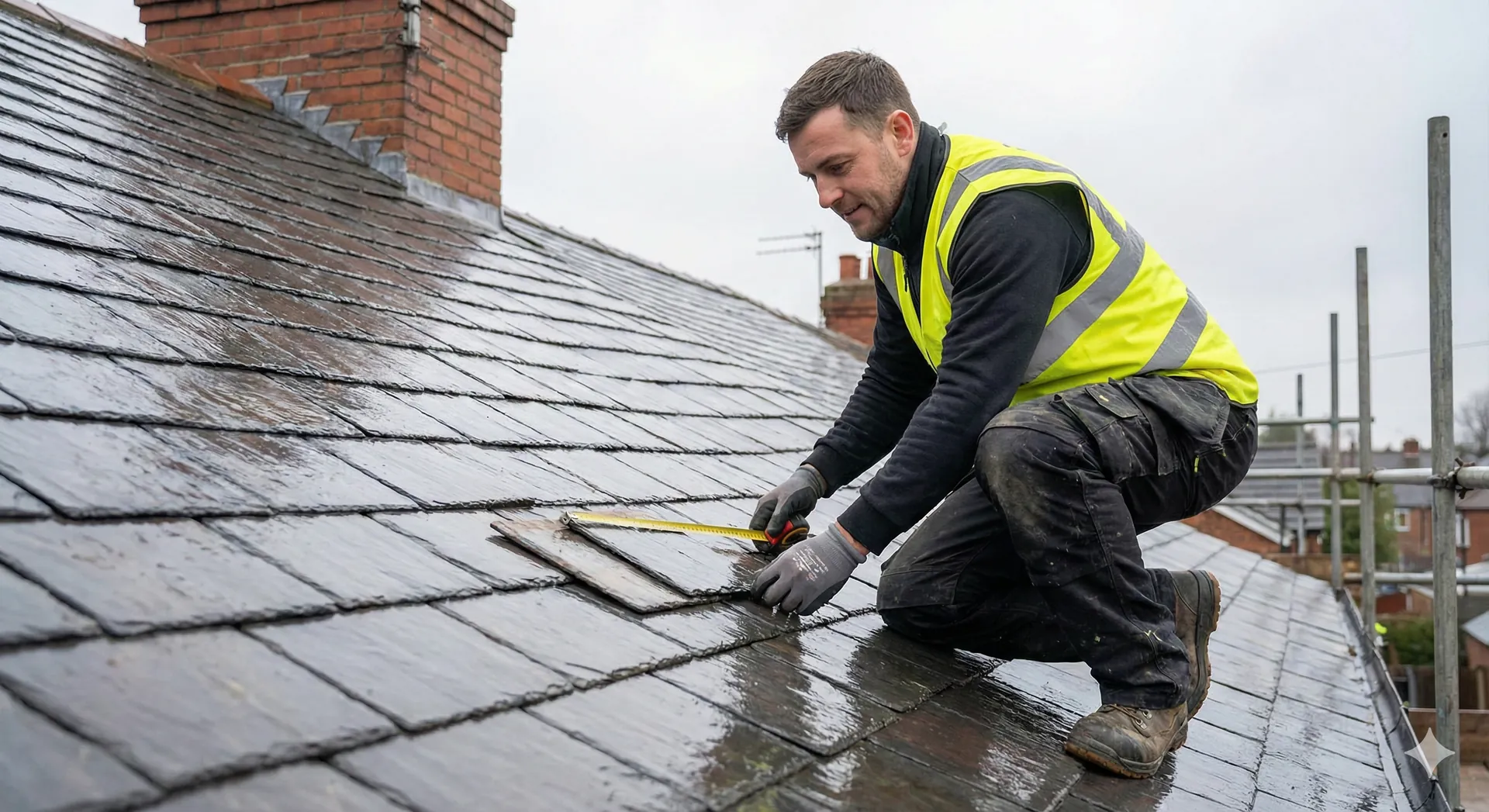 Roofer inspecting a slate roof in the UK